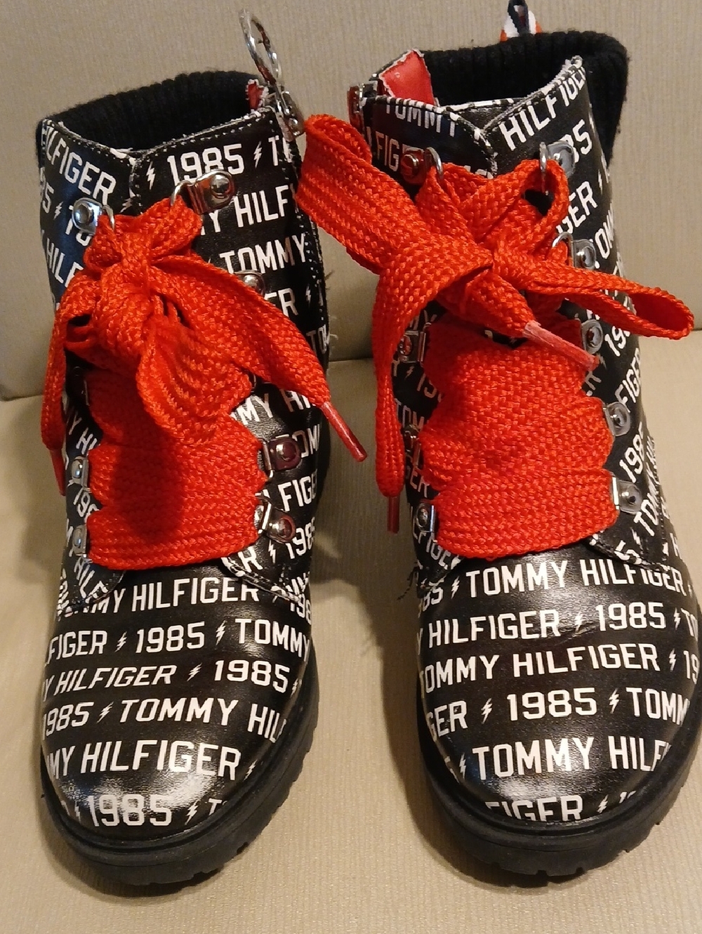 Tommy Hilfiger Black and Red Logo Lace-Up Boots